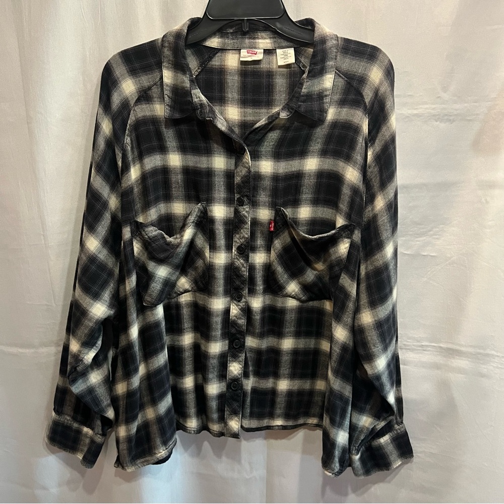 Levi’s Boxy Black and Cream Plaid Flannel Shirt Dropped Shoulders Size 1X